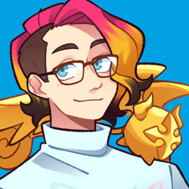 Desenho cartoon, pessoa branca, cabelo médio ondulado jogado para a esquerda indo de rosa para laranja e ponta preta e side cut na direita, golem dourado Timcanpy sobre o ombro, olhos azuis, usando óculos grandes, moletom branco de gola alta, fundo azul