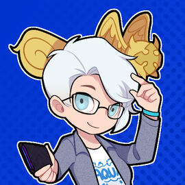 Cartoon drawing, white person, white medium wavy hair, sidecut on the left side, blue eyes, wearing big glasses, grey jacket, golden golem flying behind