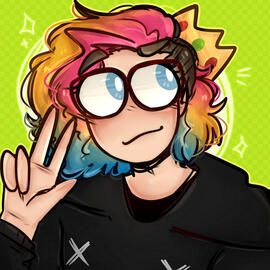 Cartoon drawing, white person, colorful medium wavy hair, going from pink, yellow and blue horizontally, sidecut on the right side with dark blonde hair, blue eyes, wearing big glasses, a golden crown, and black hoodie