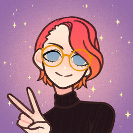 Desenho simplificado, pessoa branca fazendo V com a mão direita, cabelo médio ondulado para o lado esquerdo, com degradê rosa para laranja neon, olhos azuis, óculos grandes arredondados, usando moletom preto de gola longa, fundo roxo com brilhos amarelos