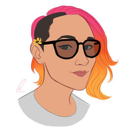 Desenho pop art, pessoa branca, cabelo médio ondulado com degradê rosa para laranja neon, side cut do lado esquerdo com uma pequena flor amarela na orelha, olhos azuis, usando óculos grandes e camiseta branca